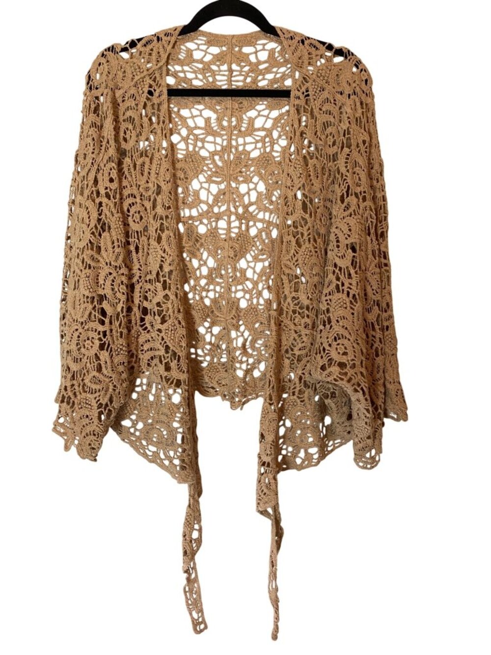 Open Crochet Tie-Front Cardigan Sweater in Tan